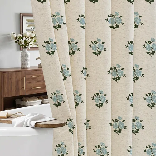 Vista 14 de ORTIGIA Cortinas de ducha negras para baño, juego de cortina de ducha moderna de lino con ganchos de metal, floral, impermeable, vintage, tela