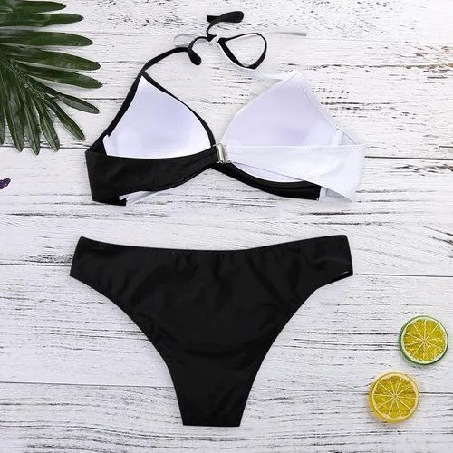 Vista 6 de Traje de baño de dos piezas para mujer, sexy, cuello en V, parte superior acolchada, parte inferior triangular, push up, conjunto de bikini atrevido