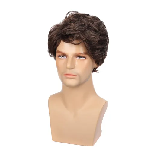 Vista 2 de Kaneles Pelucas para hombre, color marrón, corto, rizado, lanudo en capas, cosplay, Halloween, disfraces diarios, peluca masculina