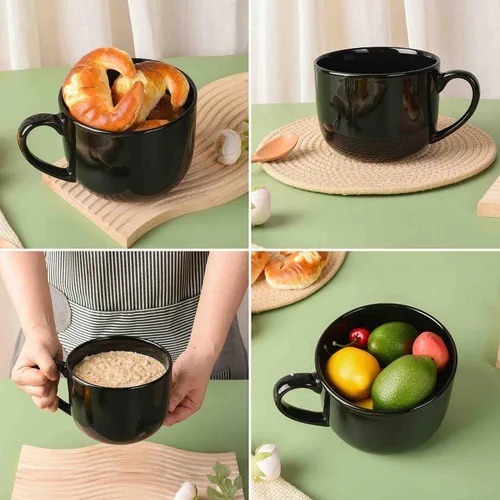 Vista 3 de 50oz gran taza de sopa de cerámica con asas para café, té, helado, cereal (negro)