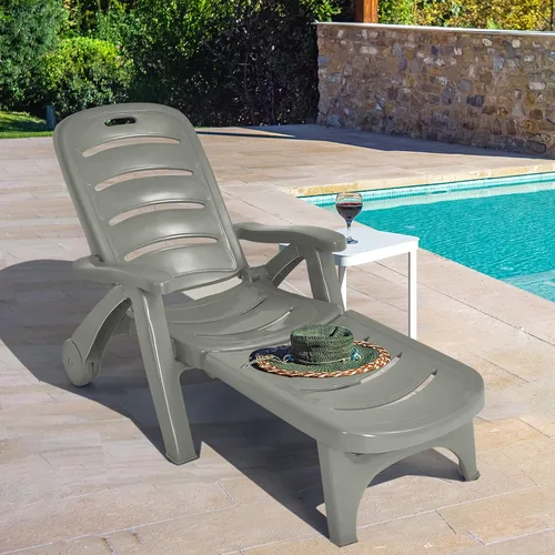 Vista 2 de Tangkula Tumbona para exteriores, silla reclinable ajustable de 5 posiciones con ruedas integradas, resistente a la intemperie, plegable, para Gris