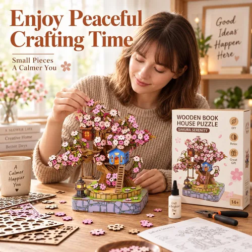 Vista 4 de Sakura Tree House Kit de casa en miniatura para adultos, rompecabezas de madera 3D con luz, juego de construcción de flor de cerezo japonés