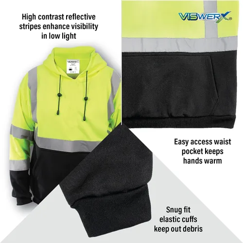 Vista 4 de Sudadera con capucha Hi-Vis - ANSI CL3 - Sudadera reflectante para trabajo, construcción y zonas de alto tráfico, sudadera con capucha