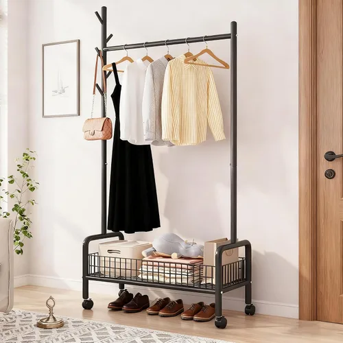 Vista 7 de Perchero con estantes de almacenamiento, perchero resistente con ruedas para dormitorio, sala de estar, organización de lavandería