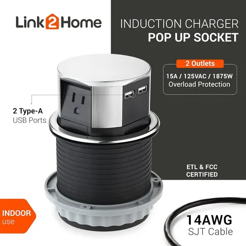 Vista 8 de Link2Home Paquete de 2 enchufes emergentes que ahorran espacio con USB, 3 tomas de corriente de 15 A, 2 puertos USB de 2.4 A de carga rápida