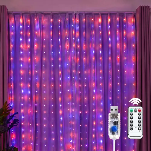Vista 12 de Brightown 300 luces LED de cortina de hadas, 9.8 pies x 9.8 pies, enchufe USB, 8 modos de iluminación, tira de luces LED de Navidad colgantes