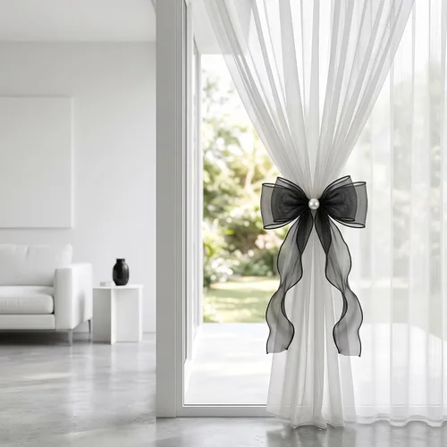 Vista 2 de Alzapaños de organza negra traslúcida para cortina, paquete de 6 Negro transparente