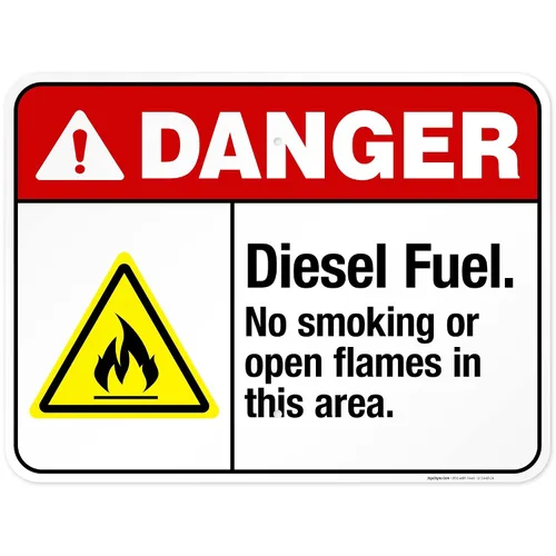 Vista 10 de Diesel Fuel No Smoking Or Open Flames in This Area Sign, ANSI Danger Sign, 10x7 Inches, Rust Free .040 Aluminum, Fade Resistant, Indoor/Outdoor Use