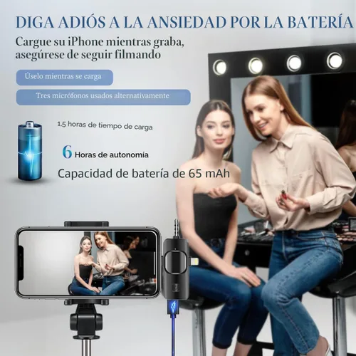 Vista 7 de Micrófono Lavalier inalámbrico 3 en 1 para iPhone, iPad, Android, cámara, batería de 12 horas, mini micrófono de grabación con reducción de ruido