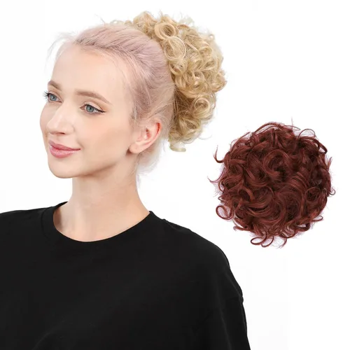 Vista 6 de Moño de pelo rizado desordenado, moño de pelo sintético grande, clip de cordón en moño ondulado para cola de caballo (rojo oscuro)