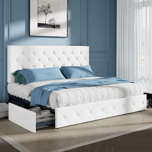 Vista 6 de HOOMIC Marco de cama de almacenamiento de plataforma King con 4 cajones y cabecera ajustable, listones de madera, no necesita somier, diseño Blanco