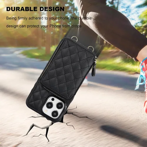 Vista 8 de Bocasal Funda tipo cartera cruzada para iPhone 15 Pro Max, con bloqueo RFID, de piel sintética, con cremallera, funda tipo cartera con función atril