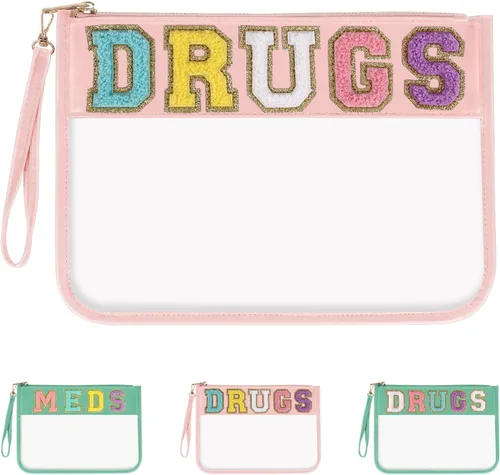Vista 13 de Iqimott Bolsa de parche de felpilla con letras MEDS transparente, bolsa de maquillaje portátil de preparación para mujeres y niñas, viajes, bolsa