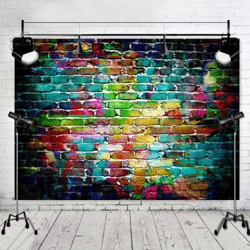 Vista 3 de Fondos de fotografía de graffiti de 7 x 5 pies, fondo colorido de pared de ladrillo para fotos de adultos y niños, accesorios de estudio de retrato