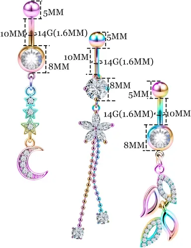 Vista 2 de 7PCS 14G 10mm Stainless Steel Dangle Belly Button Rings for Women Belly Piercing CZ Inlaid
