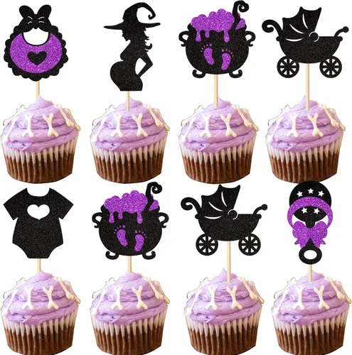 Vista 18 de Paquete de 24 adornos para cupcakes de Halloween con purpurina rosa, fantasma, pequeño abucheo, murciélago, bruja, gato, calabaza, magdalena