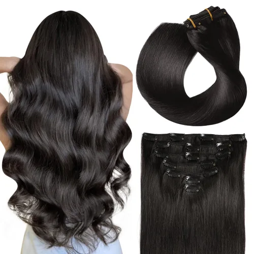 Vista 8 de SUYYA Extensiones de cabello humano real con pinzas, 7 piezas de extensiones de cabello humano Remy liso con clip, para mujer, doble trama, 12 #1