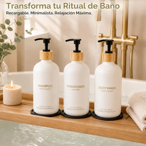Vista 6 de TBWIND Juego de 4 dispensadores de champú y acondicionador de vidrio blanco