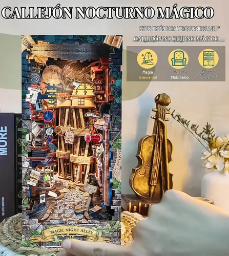 Vista 4 de Spilay - Kit de rincón de libro para adultos, Magic Night Lane DIY Kit de casa en miniatura With Warm LED Light, DIY Wooden Craft for Bookshelf