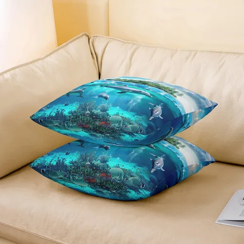 Vista 3 de jejeloiu Cortina opaca con diseño de delfín, bonita cortina de puerta de animales del océano, privacidad hawaiana, decoración de vida marina
