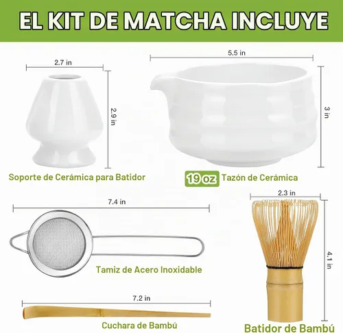 Vista 2 de Juego de batidor de matcha, juego de té japonés (5 piezas) incluye cuenco de matcha con boquilla (19 onzas), batidor de bambú y cuchara de matcha