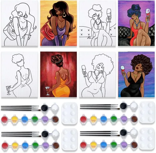 Vista 13 de VOCHIC Paquete de 4 kits de fiesta de 8 x 10 pulgadas, kit de pintura de lienzo predibujado para pintura para adultos, suministros de pintura