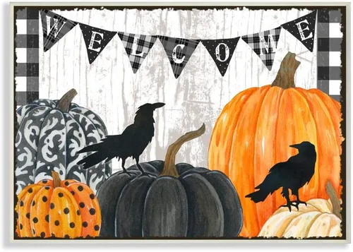 Vista 8 de Stupell Industries Letrero de bienvenida de Halloween, diseño de calabaza, diseñado por Andrea Tachiera, arte de pared, 11 x 14, marco negro
