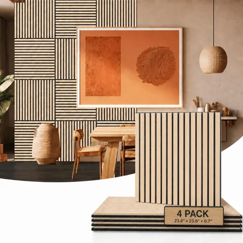 Vista 9 de AKUMAX Paquete de 4 paneles de madera, paneles de pared con listones 3D para pared, techo y absorción de sonido, paneles de pared de madera