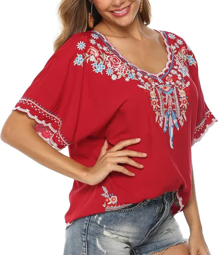 Vista 4 de Camisetas bordadas mexicanas para mujer, de manga corta, estilo bohemio, blusas campesinas, ajuste holgado, ropa hippie