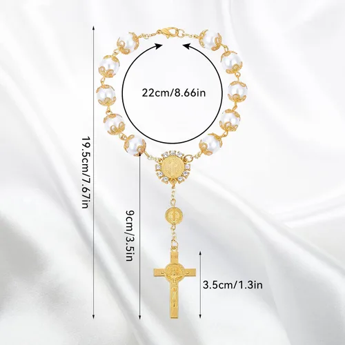 Vista 5 de TIESOME Rosario de coche de 2 piezas, cuentas de rosario para espejo retrovisor con cruz y medalla, accesorios para colgar para decoración de Dorado