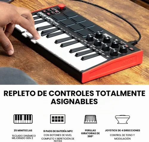 Vista 3 de [Usado] Akai Professional MPK Mini MK3 - Controlador de teclado MIDI USB de 25 teclas con 8 almohadillas de percusión con retroiluminación, 8
