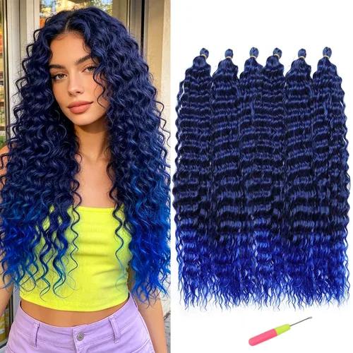 Vista 32 de MAYSA Cabello ondulado de ganchillo azul, cabello ondulado con ganchillo para mujer, extensiones de cabello sintético de onda profunda de 22