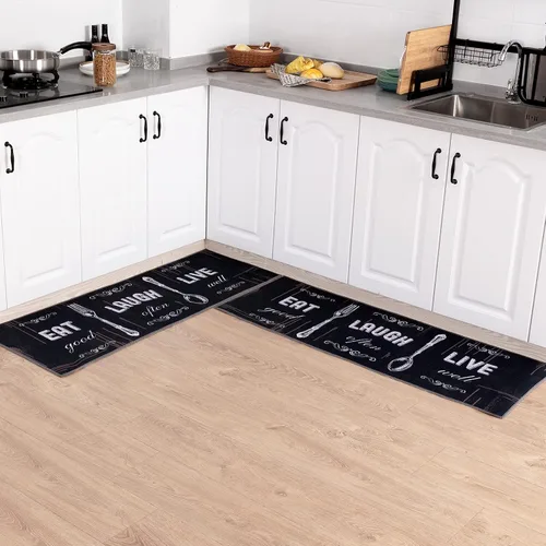 Vista 9 de Carvapet Juego de 2 alfombras de cocina con respaldo antideslizante, tapete para cocina, corredor de entrada, diseño de lema, negruzco/gris oscuro