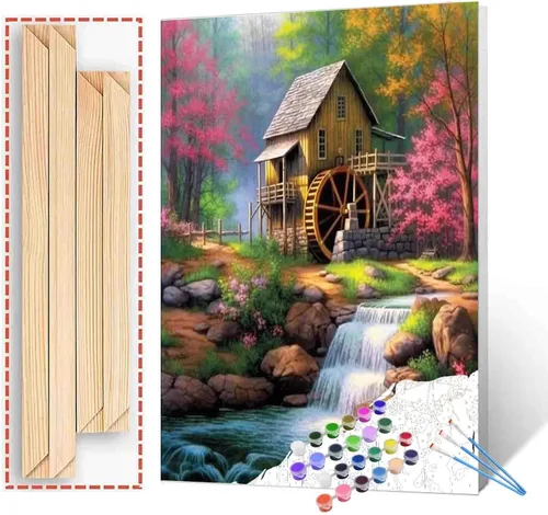 Vista 23 de Tucocoo Pintura de cabaña forestal por números para adultos, kits de pintura al óleo digital sobre lienzo con pinceles y pigmento acrílico, rueda