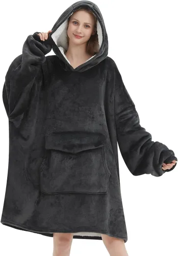 Vista 14 de Mewkou Manta con capucha para adultos, manta de forro polar Sherpa de gran tamaño con capucha para mujeres y hombres, café