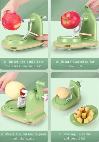 Vista 5 de Pelador de manzanas, pelador de pera con descorazonador y rebanador de manzana de 8 cuñas, 2 cuchillas de acero inoxidable, cepillo de limpieza