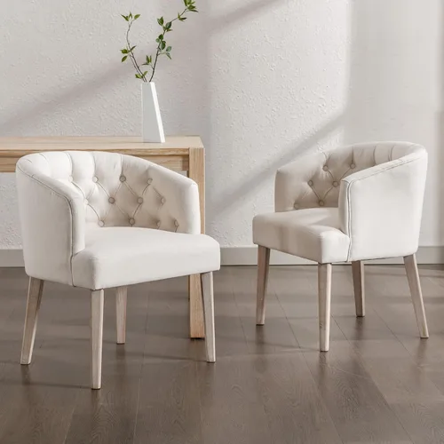 Vista 9 de DUOMAY Juego de 2 sillas de comedor modernas copetudas, silla auxiliar tapizada de lino, cómoda silla de barril con patas de madera para el hogar