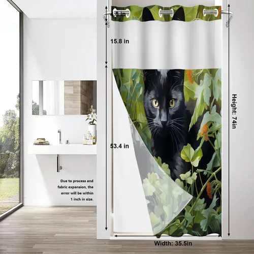 Vista 5 de Shrahala Black Cat Green Foliage Shower Curtain with Snap in Liner Set, Cat Surrounded By Leaves No Hooks Stall Curtain Waterproof for Bathtubs