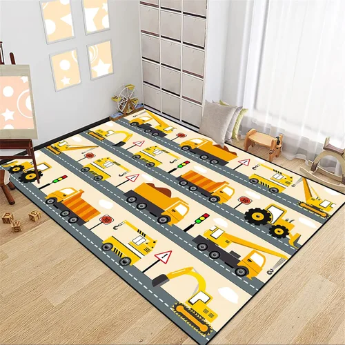 Vista 12 de Alfombra de construcción – Alfombras de construcción para habitación de niños, divertido diseño de camión de dibujos animados, alfombra de coche