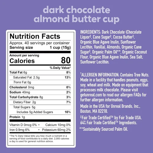 Vista 2 de UNREAL Tazas de mantequilla de almendras de chocolate oscuro, 0.53 onzas de azúcar, certificado vegano, sin gluten, comercio justo, sin OMG, sin