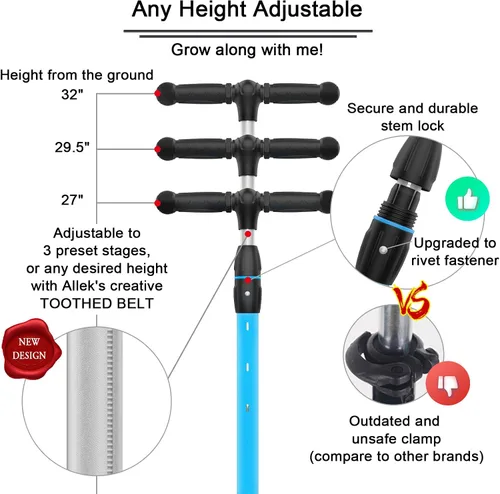 Vista 3 de Allek - Kick Scooter B03. Monopatín de 3 ruedas con ruedas de PU extra anchas y luminosas, sistema Lean 'N Glide, manillar ajustable a cualquier
