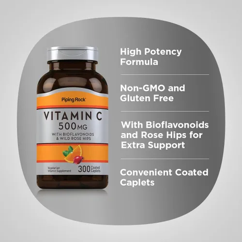 Vista 4 de Piping Rock Vitamina C 500mg 300 cápsulas Suplemento para mujeres y hombres con rosa HIPS y bioflavonoides Vegetariano, sin OMG, sin gluten