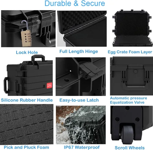 Vista 4 de Regetek Funda rígida impermeable, 33 x 21 x 14 pulgadas, funda para equipo con ruedas/espuma personalizable/mango retráctil para electrónica