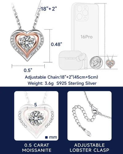 Vista 38 de MomentWish Collar de corazón para mujer, moissanita, diamante de imitación, plata de ley 925