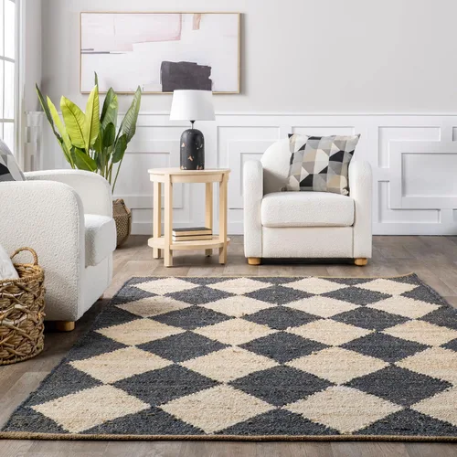 Vista 7 de Rugs USA Livy Hecho a mano, carbón/marfil, 5 x 8 pies, yute, a cuadros de diamante, yute, suave y texturizado, alto tráfico, resistente a