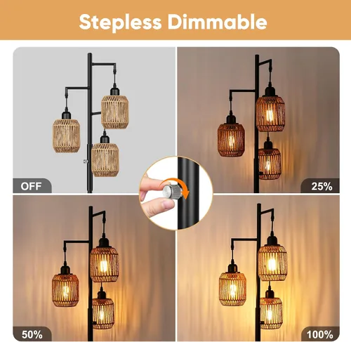 Vista 2 de ROTTOGOON Lámpara de Pie Bohemia Regulable - Lámpara de Pie de Ratán de Granja de 3 Luces para Sala de Estar, Lámparas de Pie Industriales tipo