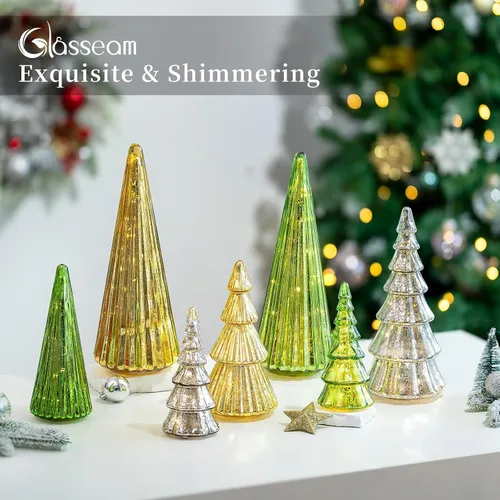 Vista 4 de Glasseam Centros de mesa de Navidad dorados para mesa: juego de 3 árboles de Navidad de vidrio de mercurio con luces, árboles de Navidad de mesa