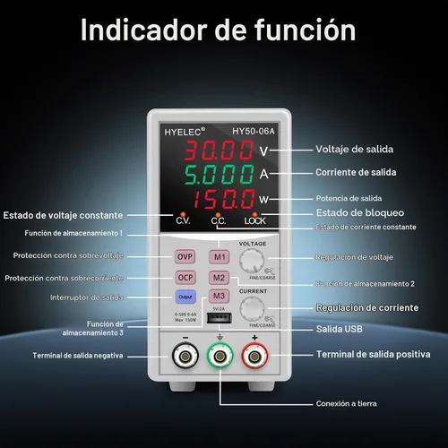 Vista 2 de Fuente de alimentación CC variable, fuente de alimentación de banco regulada de conmutación 0-50V 0-6A máx150W con memoria, pantalla LED de 4