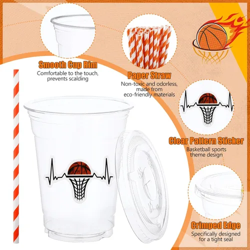 Vista 5 de Sieral 36 vasos de plástico de baloncesto de 12 onzas con tapas, popotes y calcomanías, desechables, transparentes, diseños deportivos