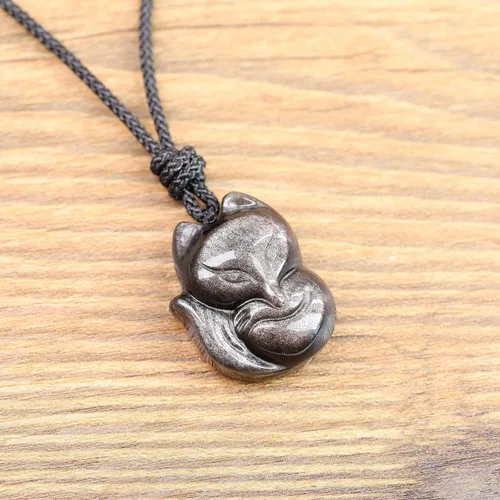 Vista 4 de COAI Collar con colgante de zorro de piedra para hombre y mujer, Piedra, Jaspe